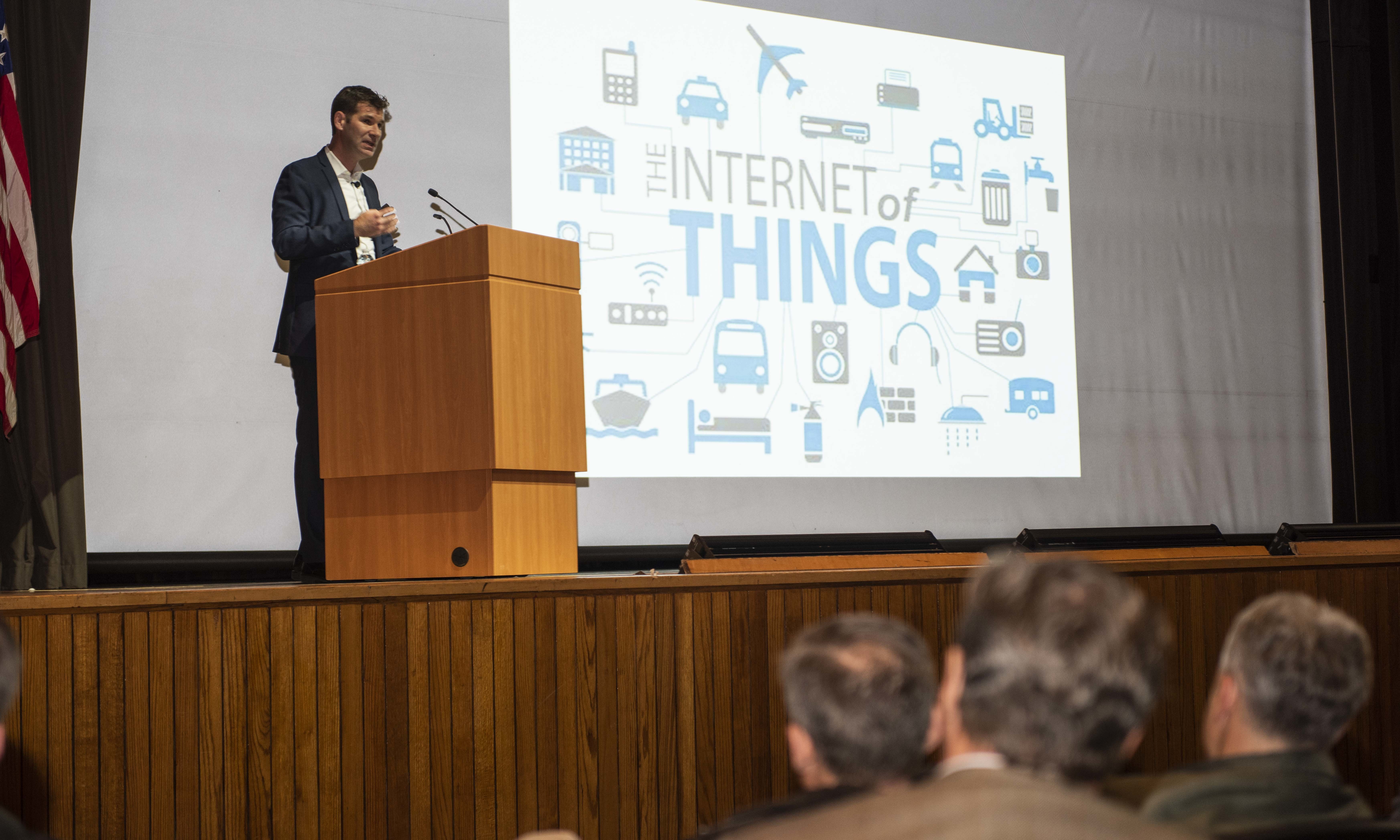 Peter Singer, senior fellow with the New America Foundation, offers an outlook on future defense challenges and opportunity to a packed King Auditorium for a Secretary of the Navy Guest Lecture in 2019 in Monterey, California